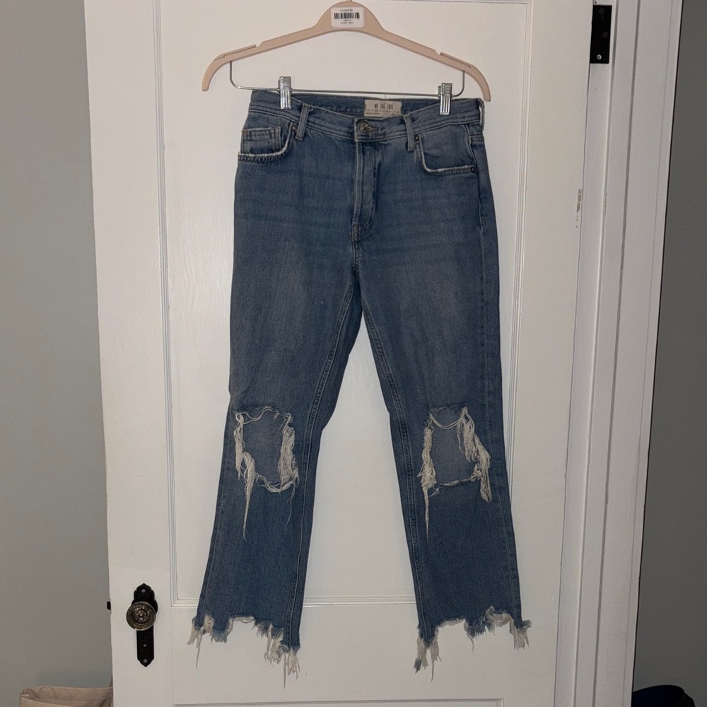 Free People Ripped Straight Leg Jeans - Blue